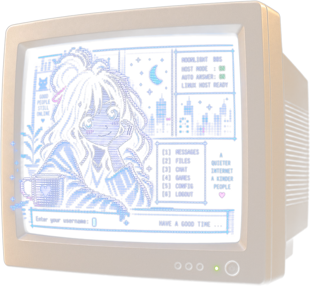 Monitor CRT mostrando arte ANSI de una BBS y una interfaz de terminal